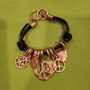 Goldtone Leather Charm Peace Bracelet